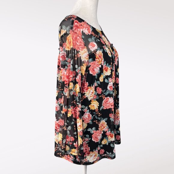 Bobbie Brooks Floral Bell Sleeve Blouse Sheer Layered Boho Top Size Medium - Picture 6 of 9